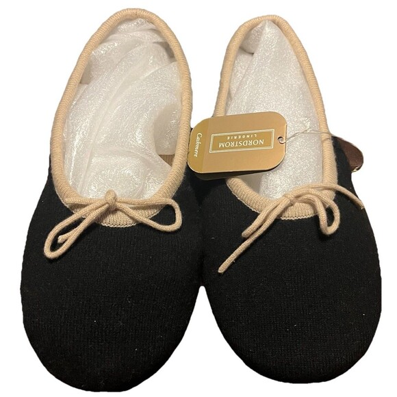 Nordstrom Lingerie Luxe Cashmere Slippers Black Tan Bow XL NWT Holiday Gift - Picture 1 of 12